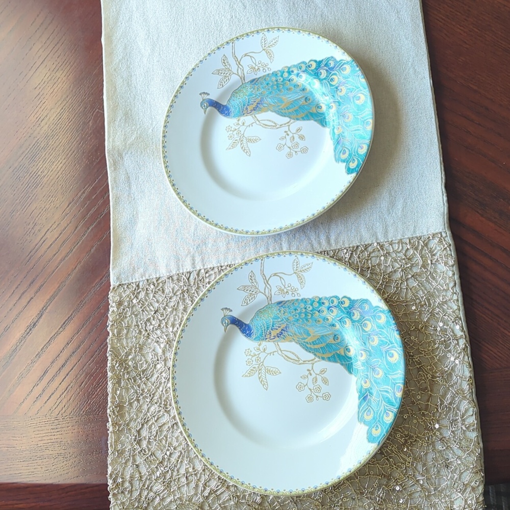 222 Fifth Peacock 2pc Dinner Plate Set - Blue and Gold NWOT